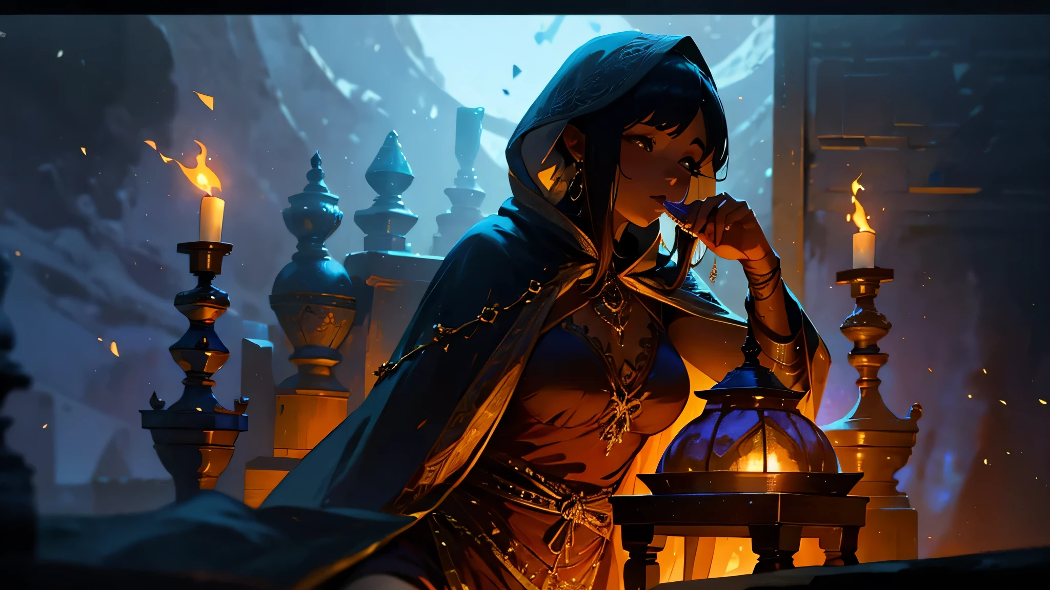 An adventurer drinking fruit juice in front of the fireplace、While chatting、Delicious meat dishes and cups on the table、Adventurer sitting on a wooden chair、Fantasy、middle ages、A woman wearing a transparent white robe、Woman in bikini armor、Male thief、Dim Tavern、Dimly lit interior、Warm light from the fireplace、Wooden Room、Brick fireplace、Big Breasts、sexy、Moonlight、Downlight、full moon、Plump、Sideboob、4K、8K、Highest quality