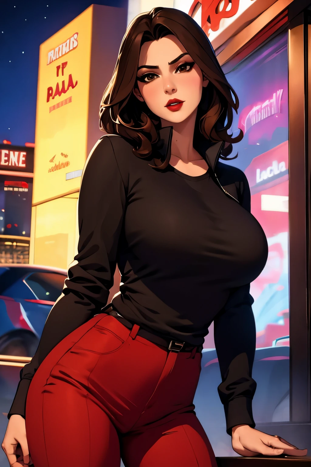 La mujer, camisa, shirt, chaqueta, jacket, chaqueta negra, black jacket, pantalon, pantalon negro, black throusere, Las Vegas al fondo, noche, night, muy detallado, Realistic long-term photography., 4k, pelo largo, brown hair, By the chestnut, labios rojos, sexy,red lips, brown eyes, big breasts, pechos grandes, Lucia Auditore