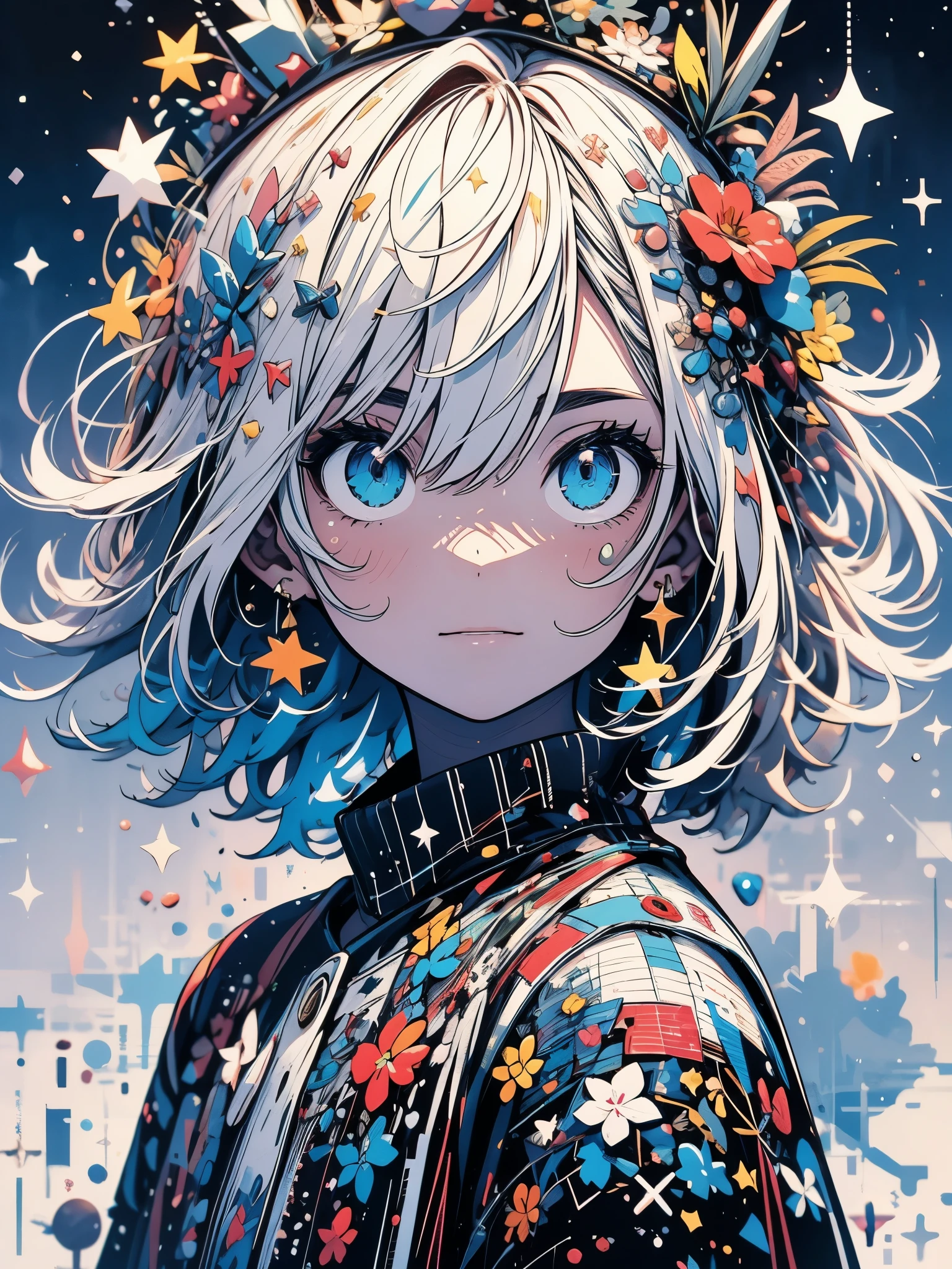 close-up, uma garotinha de anime usando um copo branco , standing on the ground,night vision ,Many stars in the night sky,The Milky Way ,flores coloridas,headshot close-up, oil painting style, very obvious oil painting strokes, estilo de paleta impressionista, 32 mil HD, lindo, tomorrow, Velhos tempos, desenho animado colorido --ar 3:4--