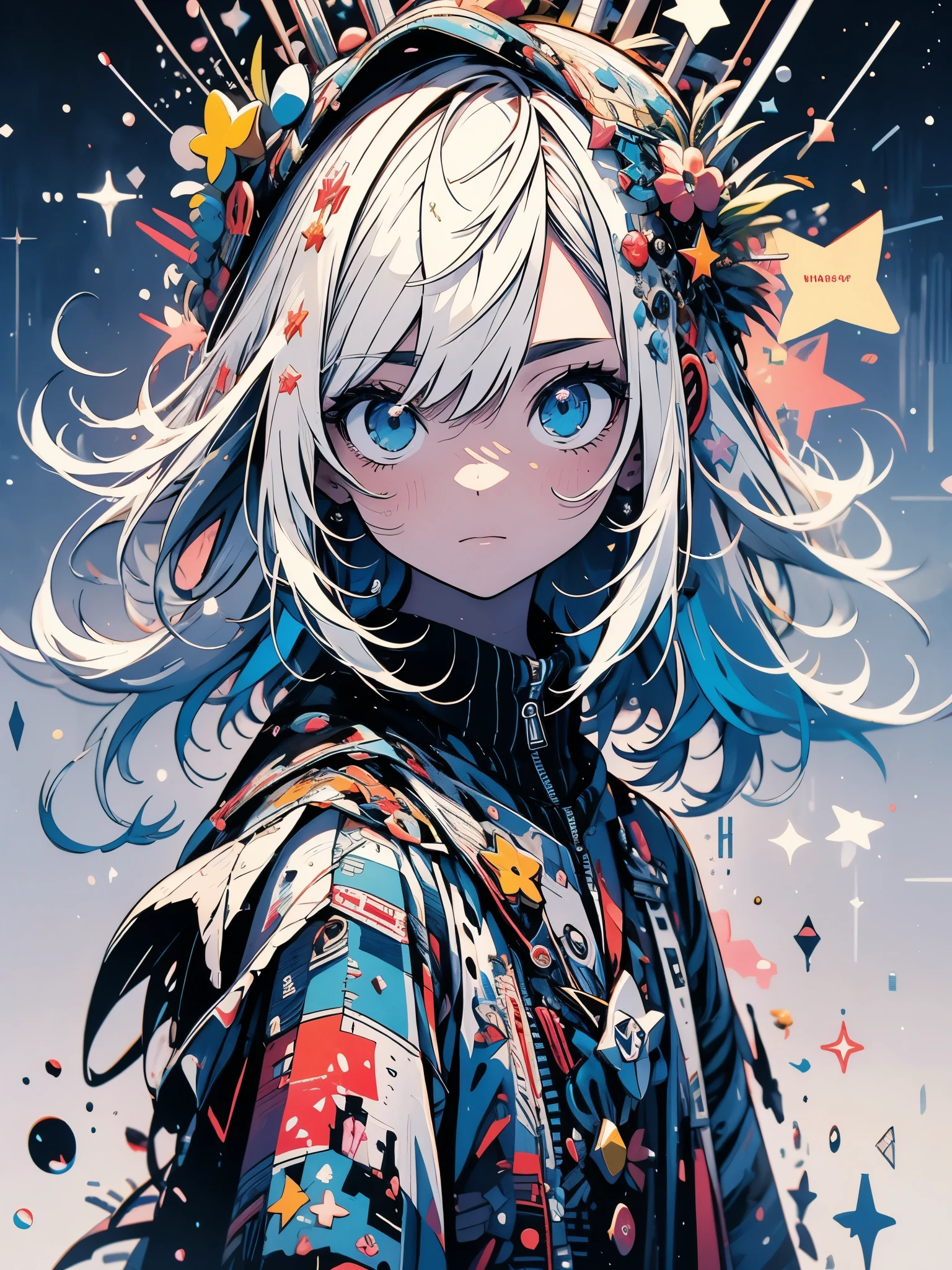 close-up, uma garotinha de anime usando um copo branco , standing on the ground,night vision ,Many stars in the night sky,The Milky Way ,flores coloridas,headshot close-up, oil painting style, very obvious oil painting strokes, estilo de paleta impressionista, 32 mil HD, lindo, tomorrow, Velhos tempos, desenho animado colorido --ar 3:4--