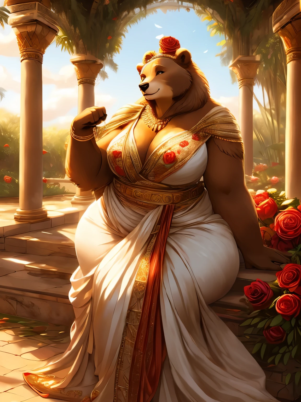 female, brown bear, goddess, fat, chubby, large breasts, cleavage, wide hips, huge hips, skimpy white toga, wedding veil, roman garden, blue sky, fluffy clouds, roses, golden glow, rose petals, seductive expression, high quality eyes, high resolution, visually stunning, detailed hands, golden laurel crown