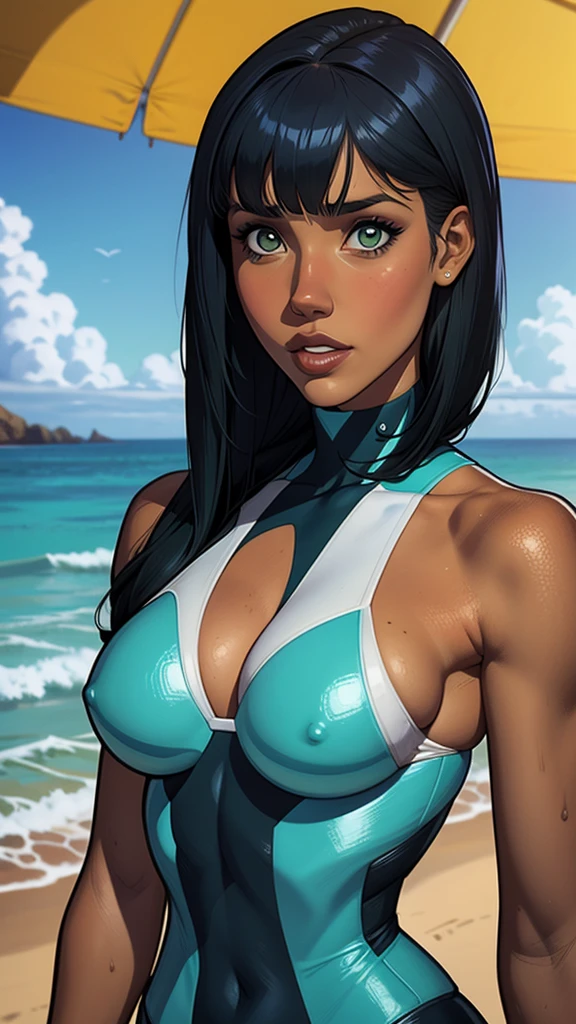 Jessica Alba, 18 anos de idade, rosto magro, usando maio na praia e_encaracolado_preto_cabelo, encaracolado bangs, verde_Olhos, pecas, rosto lindo, pele de folha, princess_vestir, retrato