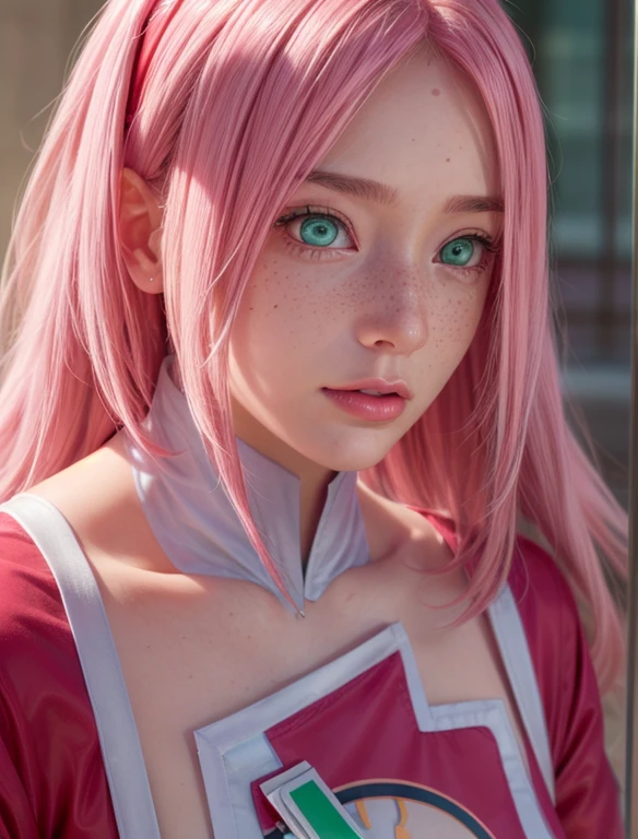 young woman, bubblegum pink hair, wide forehead, emerald green eyes, upturned nose, freckles on nose, thick pink lips, heart-shaped face, red clothes, Sakura Haruno, realism, well detailed, 3d