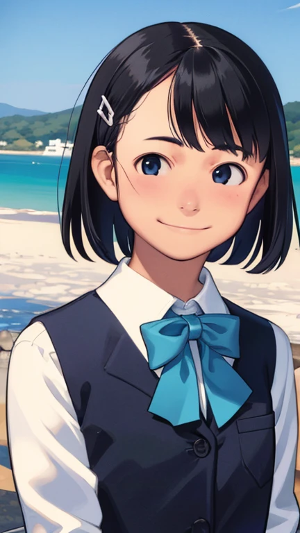 (1 girl, alone, Japanese Girls), ,highest quality, Tabletop, 8k, High resolution, Super detailed, (Portraiture), Recall, Black Hair, short hair, Hair Clip, Shiny skin, Flat Chest, smile, (Middle school students:1.5, uniform, White collared shirt, bow tie,), summer, blue sky, thunder head, Ocean,