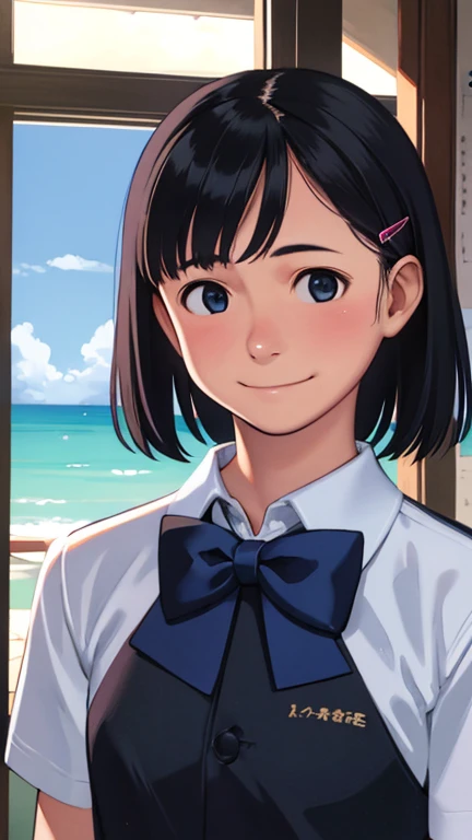 (1 girl, alone, Japanese Girls), 13 years old,highest quality, Tabletop, 8k, High resolution, Super detailed, (Portraiture), Recall, Black Hair, short hair, Hair Clip, Shiny skin, Flat Chest, smile,  (Middle school students:1.5, uniform, White collared shirt, bow tie,), summer, blue sky, thunder head, Ocean,