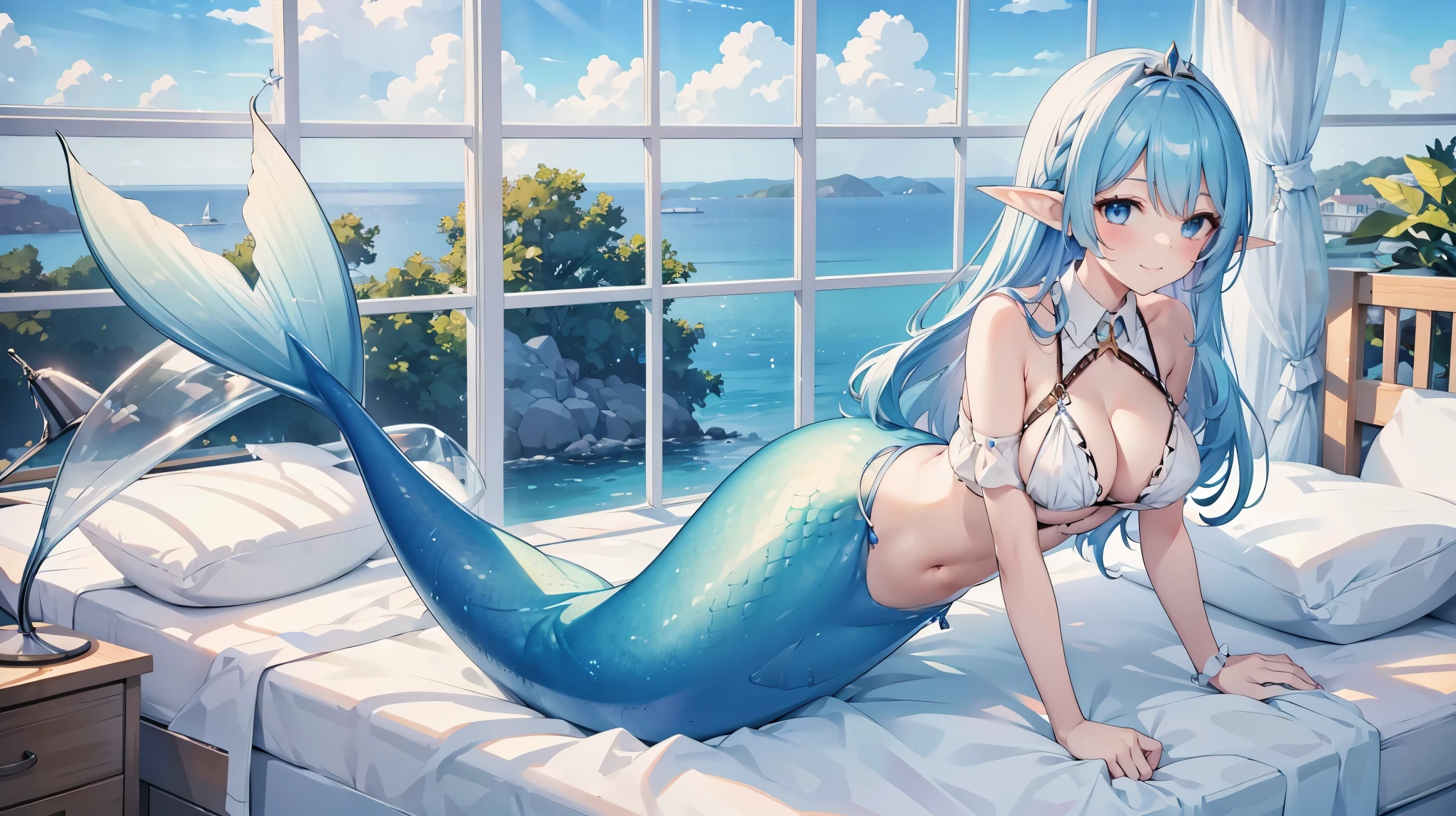 masterpiece, best quality,A girl,Witch, Blue Hair, blue eyes, Elf ears,swimsuit,Solitary,Large Breasts,Mermaid,蓝色的Mermaid尾巴,full-body shot,charming face(Kawaii, charming,Soft),Lying in bed,sea view outside the window,looking at the audience,Smile