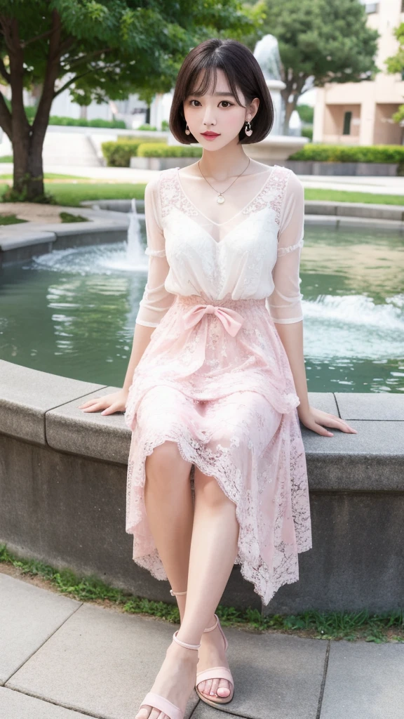 (8k, Photorealistic, Raw photo, Highest quality: 1.4),Japanese idol-style beautiful girl,1 person,18-year-old,Hairstyle(Very Short Bob,Black),Hang your hair over your ears,pearl(1 capsule,small)Put earrings in your ears,Big, clear grey eyes,Long eyelashes,Plump Cheeks,She has pale pink lipstick on her lips.,Apply gloss over your lipstick for glossy, plump lips,A short pendant is hanging around her neck,Thin and delicate shoulders,Pale pink nail polish on the nails of both hands,Thin waist,Layered dress(The front is made of white lace for a sheer look. :1.4,No sleeve,Floral,The back is light pink)Wearing,Wearing sandals,Standing with a park fountain in the background,Pause(Grab your skirt with both hands and lift it up a little,bend your knees slightly,Cross your legs,Bow slightly)Take,Full body portrait