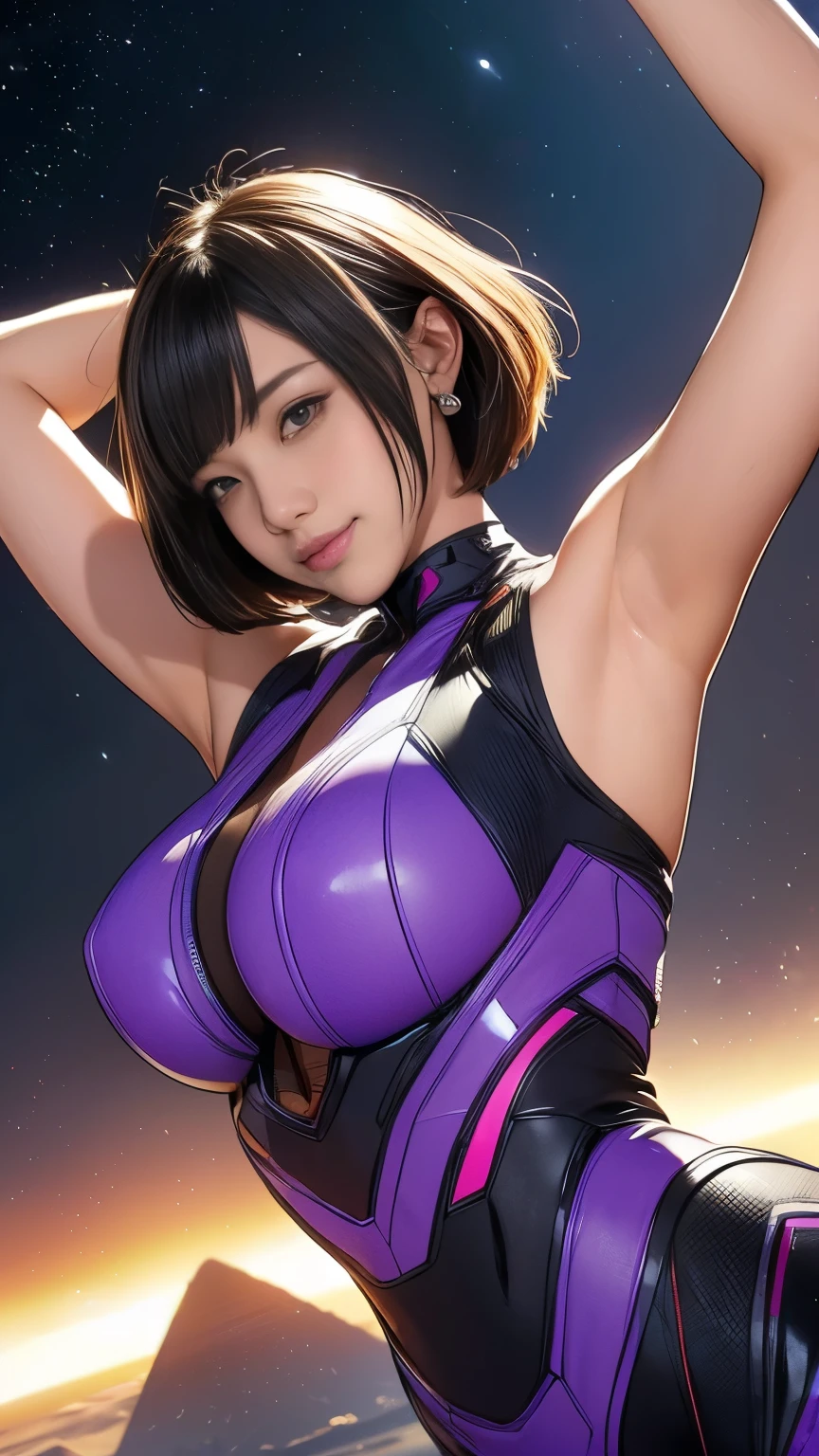 (original photo, best quality), (Practical, Photorealism:1.3), 1 girl, bob cut、earrings、Smile、Practicalbody,Old space suit、ancient、rock、ancientの儀式、Pyramid-shaped UFO coming from space、laser light、 (( old Japanese girl)), ((armpit hair、armpit hairを見せる、raise your arms、armpit))