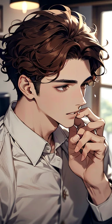 handsome 24 years old boy with brown curly hair and small lips long nose