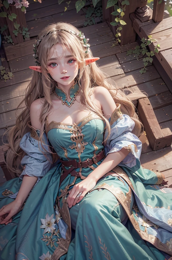 (highest quality, masterpiece:1.3), shape, ((Beautifully detailed face)), Beautiful and detailed skin, Intricate details, Very detailed, Best image quality in 8K, Mysterious figure,Fantasy World,A world of swords and magic,Big forest,(18-year-old elf woman:Beautiful dress),,(Detailed Hair),Detailed lips,Open your mouth,blush,Embarrassing, smile,Realistic Face,Realistic Skin,(Vibrant Skin,Moisturized Skin:1.2),Vivid lips,Lip gloss