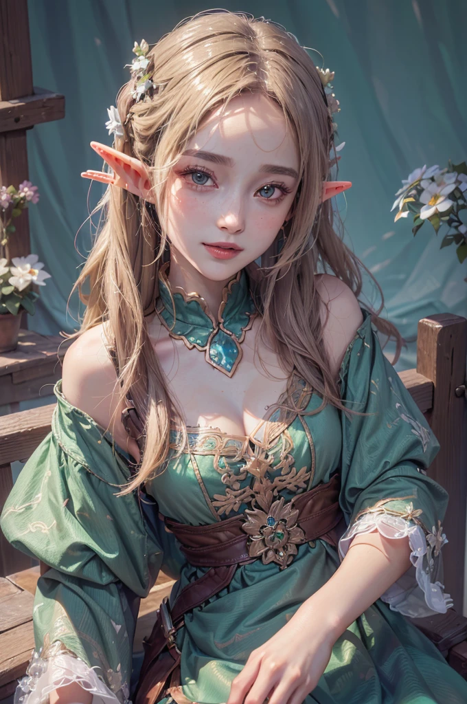 (highest quality, masterpiece:1.3), shape, ((Beautifully detailed face)), Beautiful and detailed skin, Intricate details, Very detailed, Best image quality in 8K, Mysterious figure,Fantasy World,A world of swords and magic,Big forest,(18-year-old elf woman:Beautiful dress),,(Detailed Hair),Detailed lips,Open your mouth,blush,Embarrassing, smile,Realistic Face,Realistic Skin,(Vibrant Skin,Moisturized Skin:1.2),Vivid lips,Lip gloss