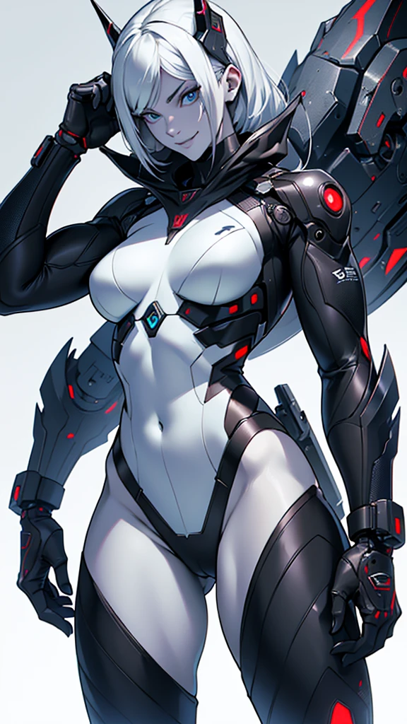 Cybernetic female alien with detailed muscles realistic masterpieces full figure pose (best quality,ultra-detailed), pale skin, small waist, large buttocks, (evil sinister smile), wearing black mobile cybernetic battle spacesuit