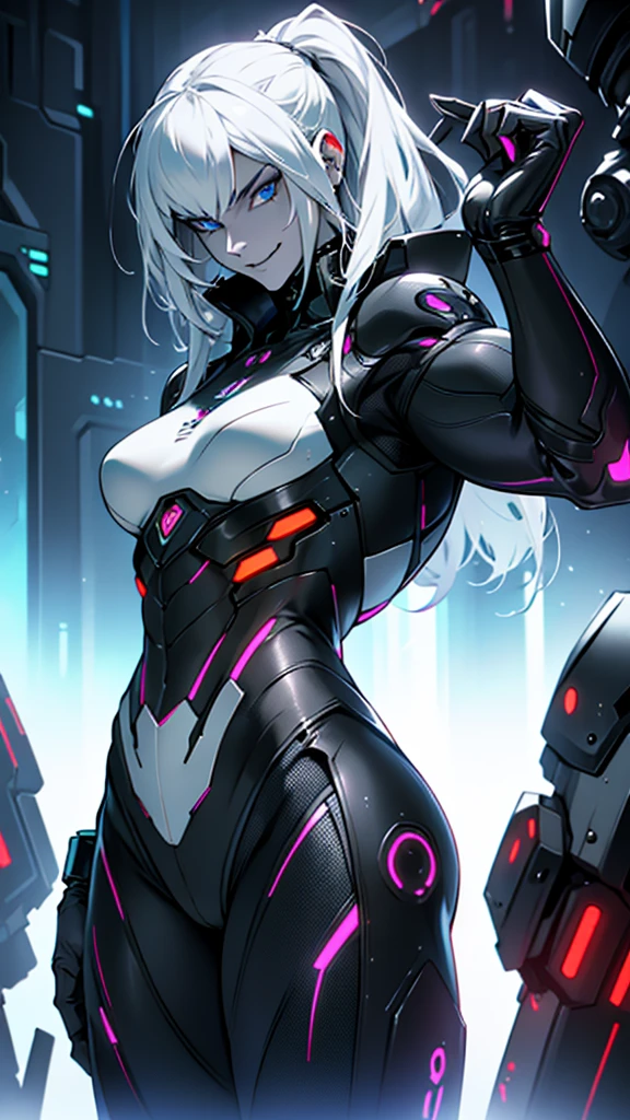Cybernetic female alien with detailed muscles realistic masterpieces full figure pose (best quality,ultra-detailed), pale skin, small waist, large buttocks, (evil sinister smile), wearing black mobile cybernetic battle spacesuit