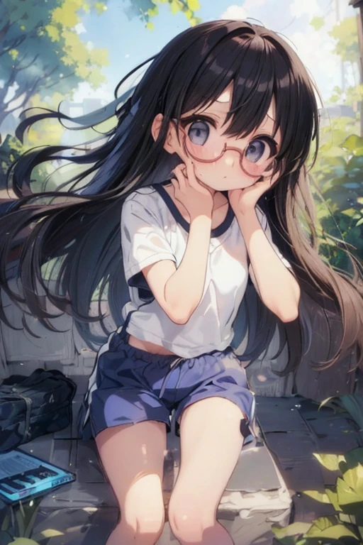 (Large round glasses:1.3)、(Timid Girl、blush、sorrow:1.2)、Black long hair、White short sleeve shirt、Thin arms、(Navy blue shorts)、Gym suit、 body、Flat body、Flat Chest