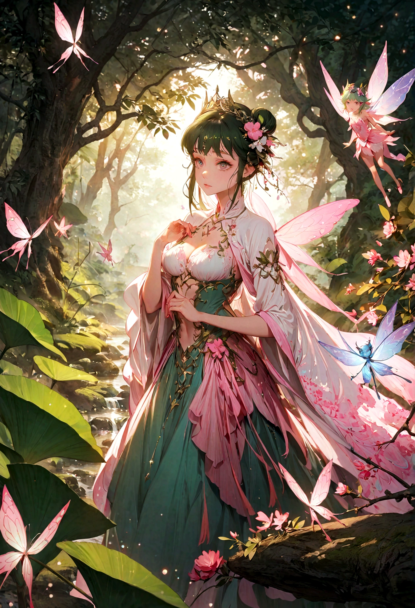 Large bust,(Fairy:1.2),(high resolution,Best quality,Like a dream,obsessed,In a forest,Fairy),(Vibrant colors,Extremely detailed,Realistically:1.37),(beautiful eyes,Dappled sunlight,Whimsical Creatures,Sparkling Mysterious Mist,Evocative atmosphere,Otherworldly beauty),(Magical light,A faint ethereal light),(Elegant colors,Wonderful colors),(Fireflies dance,活泼的Fairy,Whisper of the Breeze),(Lush vegetation,majestic trees,Tranquil pond reflecting starlit path,Hidden treasure,Magical Realm),(an unforgettable journey,unexplored wonders,Charming charm),floating robe,(Fairy Crown:1.2)