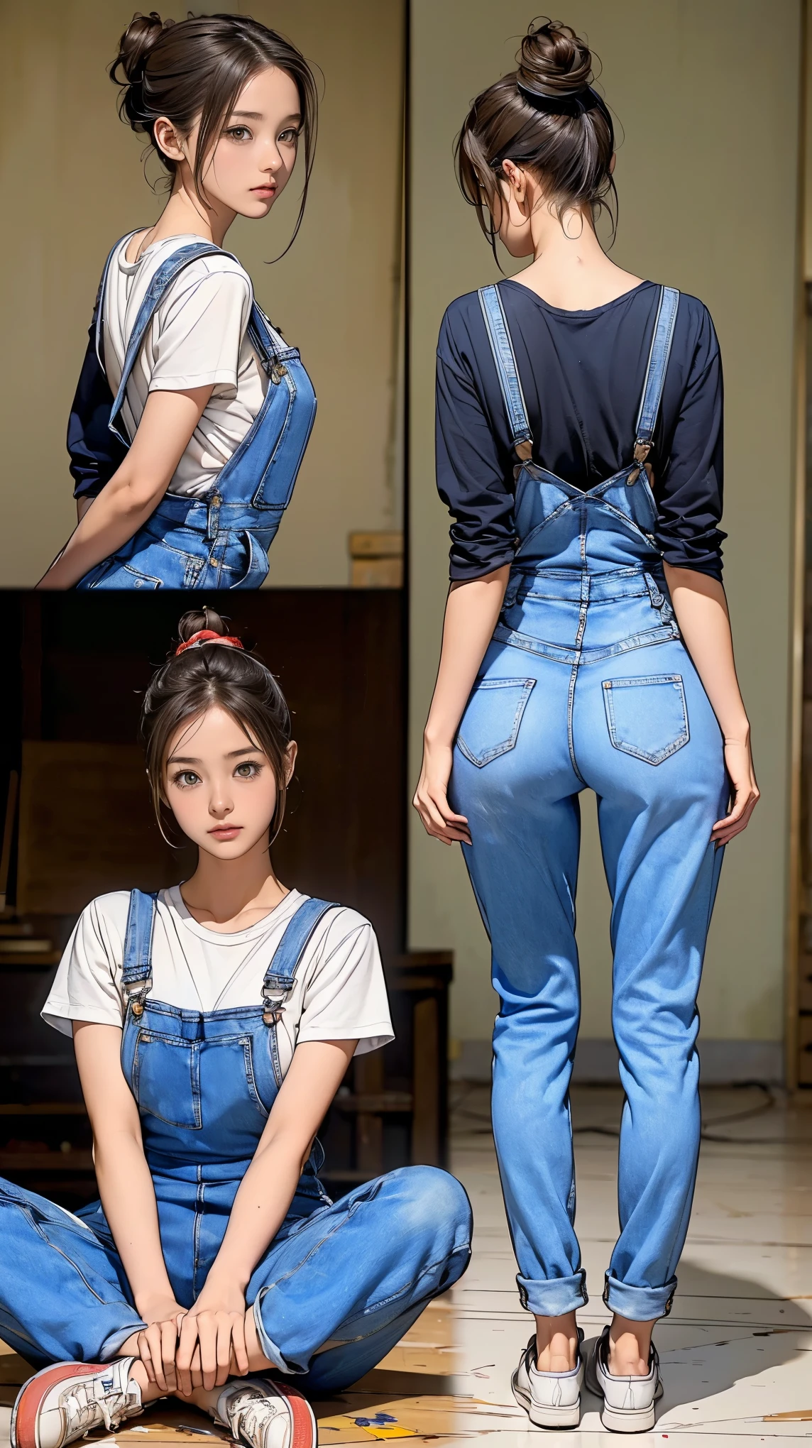 ((masterpiece)),(((highest quality))),((Reference Sheet, Character Design, front, return, ~ ~ side, Mr..々Hairstyle, Mr..々Performance, Facial Expressions)), , Cute type, (Very slim:1.4), (Very small ass:1.4), Realistic buttocks, Big Breasts, Short Bob, Thin thighs, Long legs, It's not a big deal, ((Beautiful artist in jeans overalls、After painting on a large canvas、Relax in the art studio。, sneakers, 19th century Parisian artists, Messy hair bun)), ((Browsing Caution:1.0))