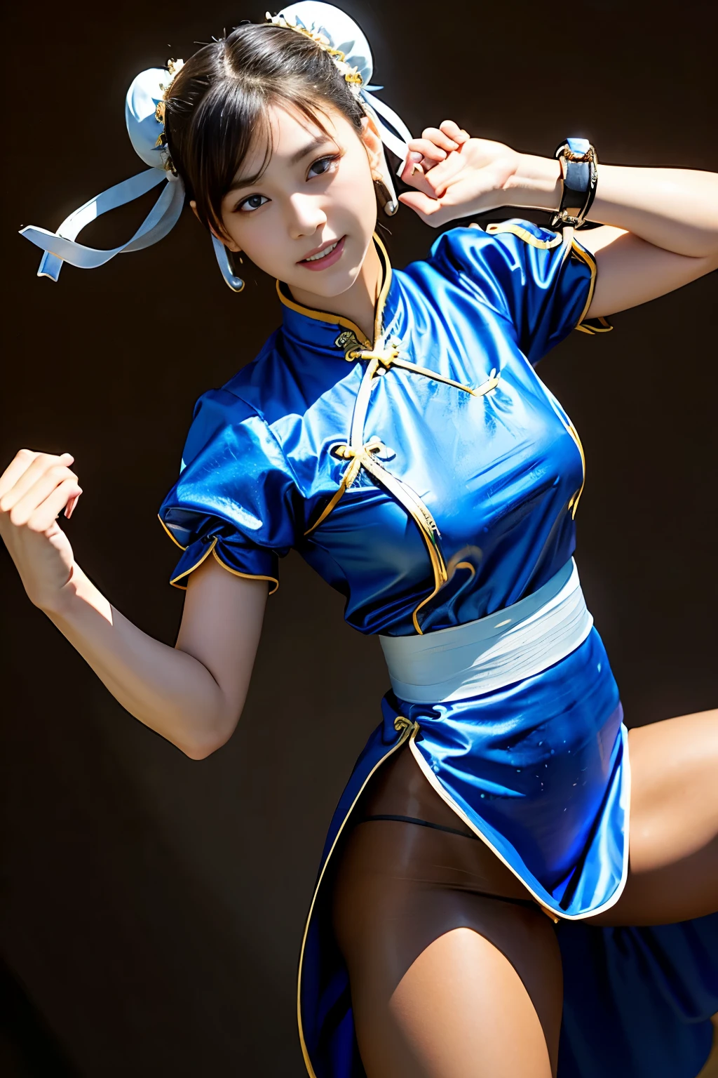 《Street Fight II》Chun-Li,Perfect Chun-Li Costume,Blue and gold thread cheongsam,Bun head,Good cover,Fighting Stance,ハイKick,Kick、Lift your legs,masterpiece、1 beautiful girl、beautiful eyes、Puffy eyes、best quality, 超high resolution, (Reality: 1.4), light、Super beautiful、Beautiful skin、turn body forward、(超Reality的な)、(high resolution)、(8K)、(Very detailed)、(美しくbeautiful eyes)、(Super detailed)、 (wall-)、Delicate face、明亮的light、Professional lighting、Looking at the audience、Direct vision、Tilted stone sculpture, best quality, masterpiece, best quality, Perfect face, Perfect brown eyes and white sclera, Bad Move - 5, Solitary, 1 girl, Upper Body, brown hair, From SF2, Chinese service, Smile, muscular woman, Blue clothes, Pantyhose, Pelvic Curtain, Full short sleeves, Good cover, sash, Evaluate: