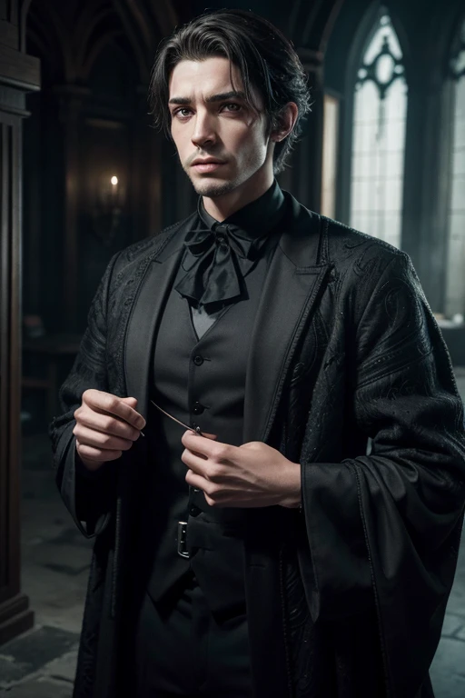homem com copos arafado em uma capa preta e uma capa preta, retrato masculino de fantasia, handsome vampiro masculino, vampiro masculino, Paulo Atreides, Edmund Blair e Charlie Bowater, nobre elfo masculino em vestes pretas, retrato de Merlim, feiticeiro malvado, arsen lupin como paladino, lindo elfo masculino, foto de personagem de fantasia, como um personagem de fantasia medieval