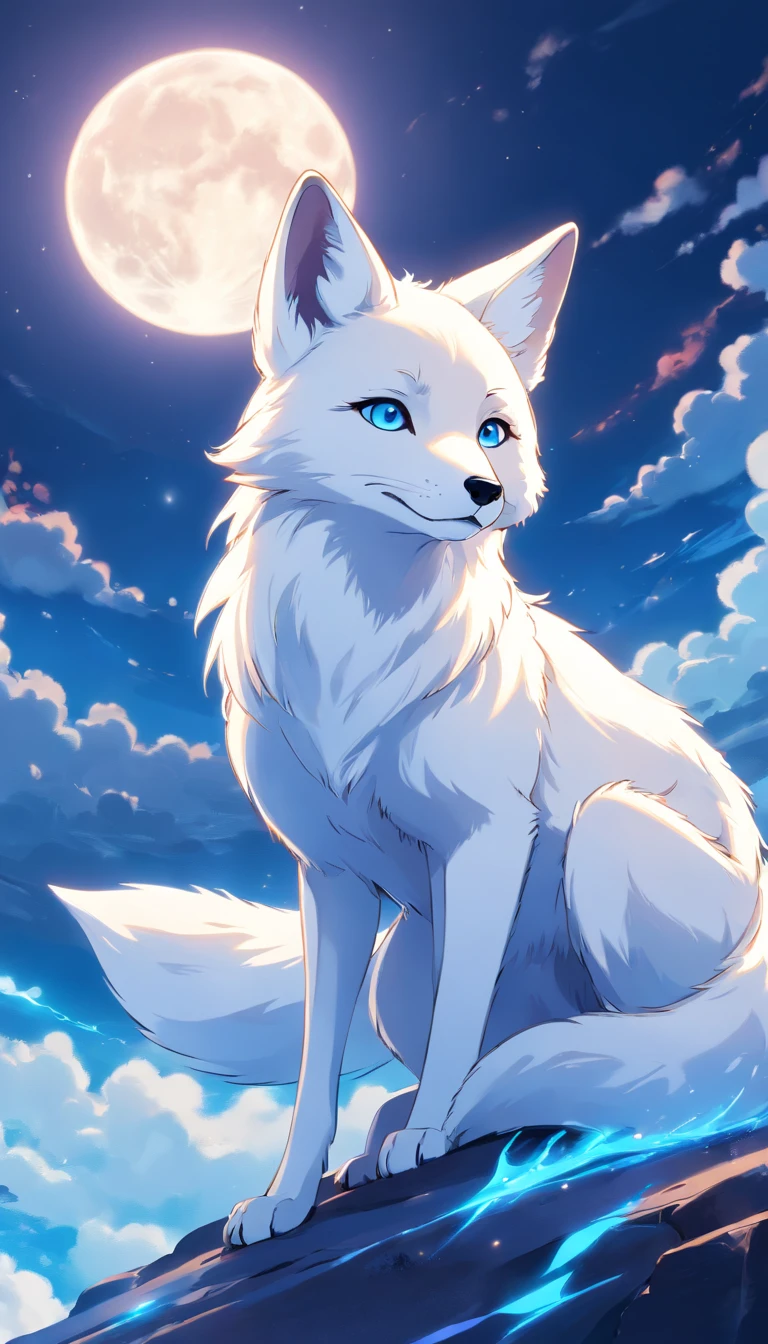 best quality, 8k, a mythical white fox with blue flames on parts of its body lying on a moon, clouds scene, pc wallpaper,