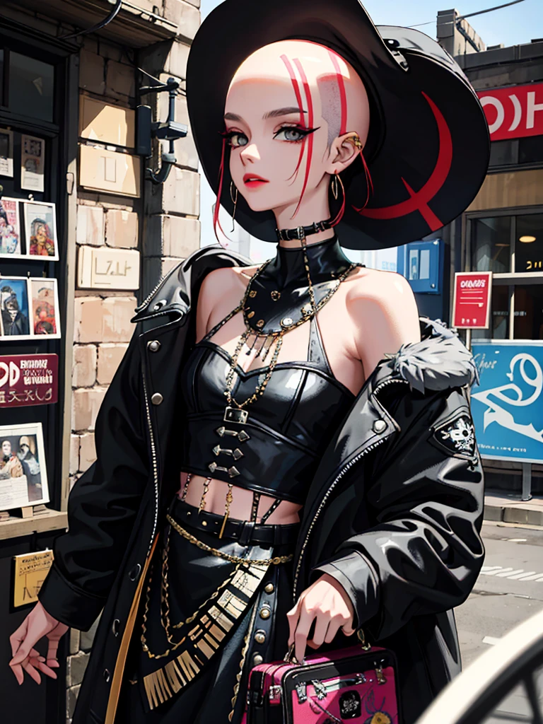 (Masterpiece:1.2, Best quality), (real photo, Intricate details), (1lady, solo, Upper body, small breast) ，all body，clothes：advance guard，advance guard，Experiment with appearance：Shave your head or bold hair color，Dramatic makeup，Unconventional fashion choice behavior：rebel、Not conformist、Provocation location：Urban Arts District、Underground music venues Hobbies：Take part in a punk show、Create mixed media art、Try different subcultural values：personality、authentic、Creative expression of inspiration：Punk rock music、Counterculture icons，Avant-garde art movement character traits：daring、daring、act outside the box。