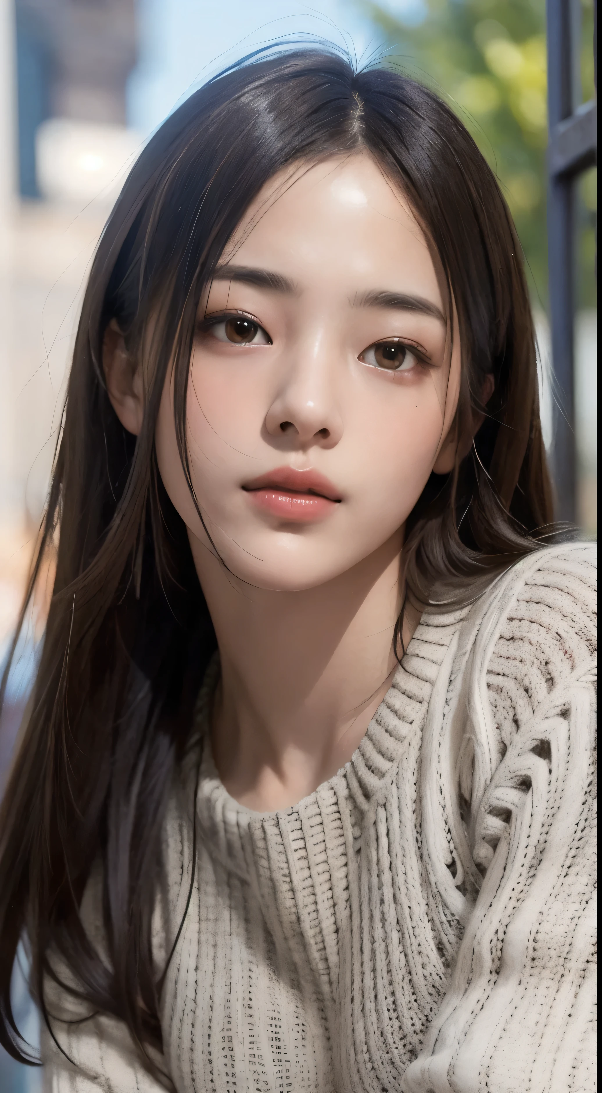 Photorealistic, masutepiece, Best Quality, Raw photo, 1girl in, Solo, Long hair, Brown hair, Detailed face, alluring face, Sweater that kills virgins, medium breasts, Dynamic Pose, Looking at Viewer, From below, Detailed background, fine detailed, intricate detailes, Ray tracing, depth of fields, lowkey, nffsw