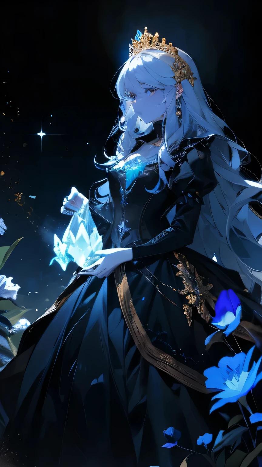 A princess, black (bioluminescent dress), long hair, crystal, flowers, gold, detailed face, long eyelashes