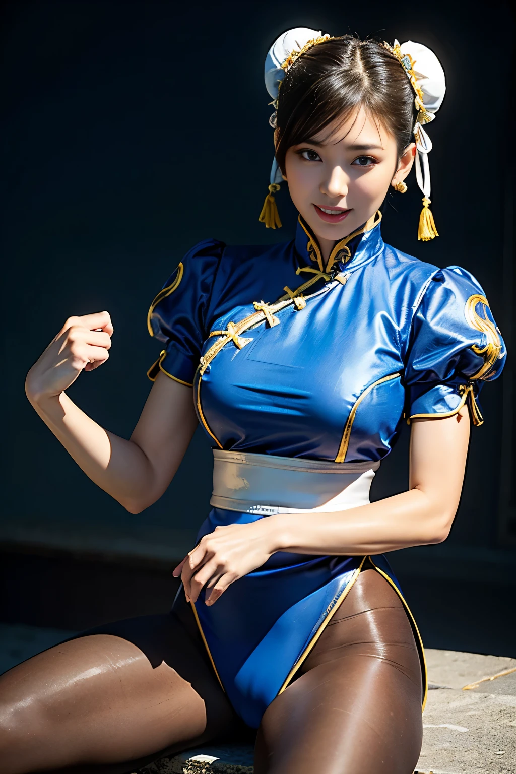 《Street Fight II》Chun-Li,Perfect Chun-Li Costume,Blue and gold thread cheongsam,Bun head,Good cover,Fighting Stance,ハイKick,Kick、Lift your legs,masterpiece、1 beautiful girl、beautiful eyes、Puffy eyes、best quality, 超high resolution, (Reality: 1.4), light、Super beautiful、Beautiful skin、turn body forward、(超Reality的な)、(high resolution)、(8K)、(Very detailed)、(美しくbeautiful eyes)、(Super detailed)、 (wall-)、Delicate face、明亮的light、Professional lighting、Looking at the audience、Direct vision、Tilted stone sculpture, best quality, masterpiece, best quality, Perfect face, Perfect brown eyes and white sclera, Bad Move - 5, Solitary, 1 girl, Upper Body, brown hair, From SF2, Chinese service, Smile, muscular woman, Blue clothes, Pantyhose, Pelvic Curtain, Full short sleeves, Good cover, sash, Evaluate:
