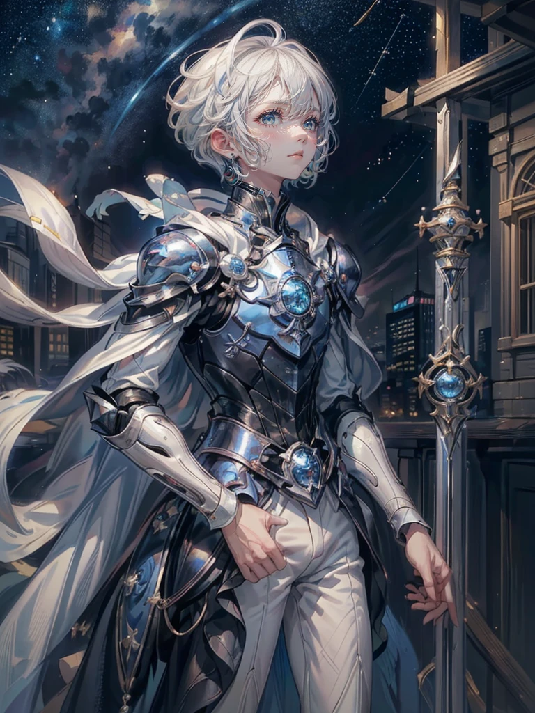 ((4K works))、​masterpiece、(top-quality)、One beautiful boy、Slim body、tall、((Black Y-shirt and white pants、Charming British knight style))、Please wear one jacket、(Detailed beautiful eyes)、Fantastic Night City、((City under the stars))、Fantastic city at midnight、((Face similar to Carly Rae Jepsen))、((Short-haired white hair))、((Smaller face))、((Neutral face))、((Bright blue eyes))、((American adult male))、((Adult male 26 years old))、((Cool Men))、((Like a celebrity))、((Crying expression))、((sad look))、((Korean Makeup))、((elongated and sharp eyes))、((Happy dating))、((boyish))、((Upper body photography))、Professional Photos、((Shot alone))、((She is looking up at the sky under the roof))、((Shot from the side))、((Crying profile))、((Face crying in pain))、((He is looking upwards))、((His eyes are looking down))、((He stands next to the viewer))、((He who cries))、I'm crying on a stick.、Man crying while standing、Solitude、saddened、desolate、suffocating、heartbreaking、auw