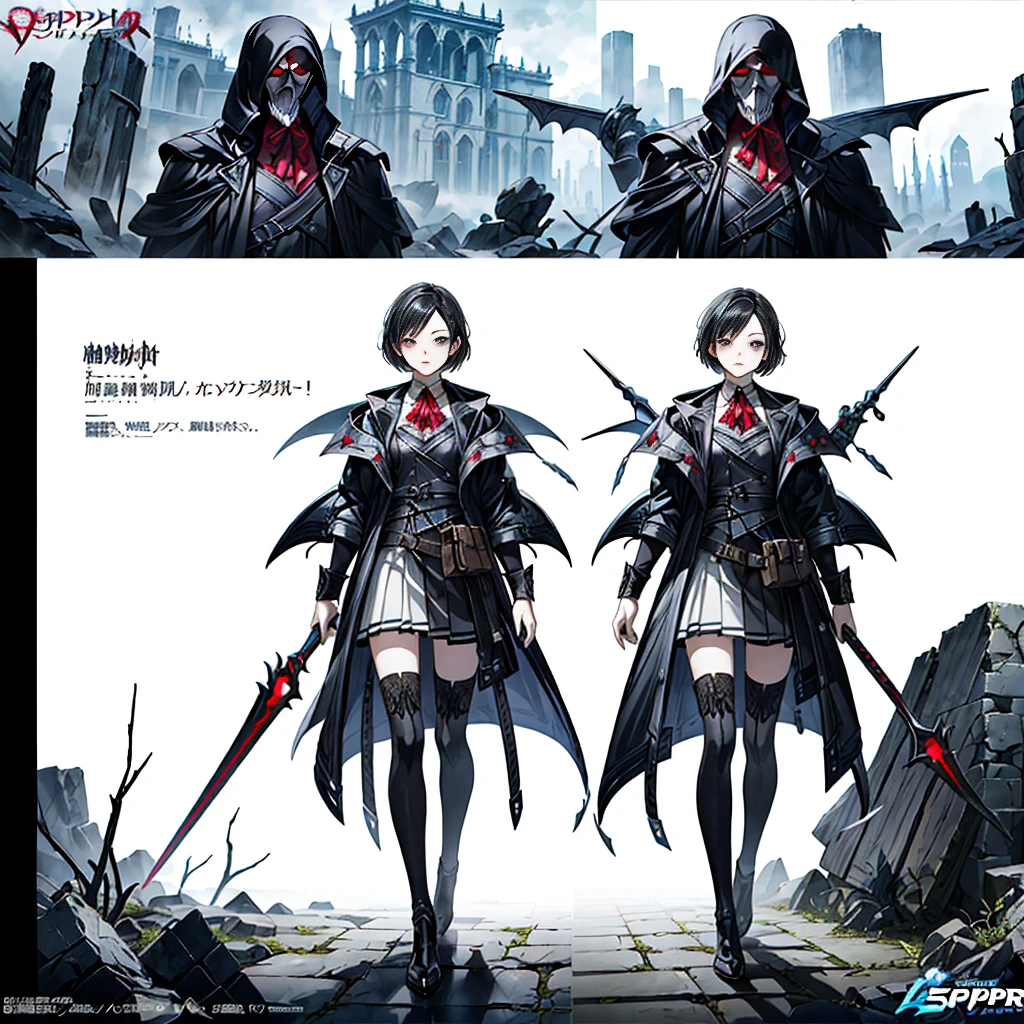 1girl、(((highest quality、Masterpiece、Official Art、Super detailed、The best composition、best composition)))、(Thin Hair)、 Super detailed, Anime Style, alone, full length, Concept Art,Vampire Hunter high school girl Reaper's Scythe, Black Sailor Suit, With the bat. Super huge, Tall and stylish, Very large.、White Background, full lengthに立って, Standing on the desolate land,battoujutsu