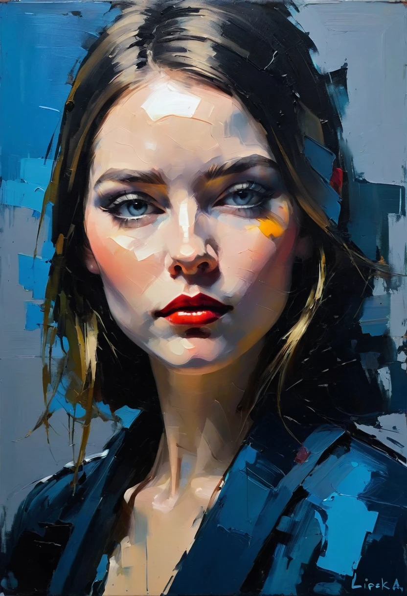 Create a contemporary portrait of a person in the expressive and painterly style of Malcolm Liepke, ((speed painting))+++ portrait of woman, palette knife painting, painted in impressionist style, brushstroke painting technique, large strokes, bright blue, very dark gray, and light grayish blue.