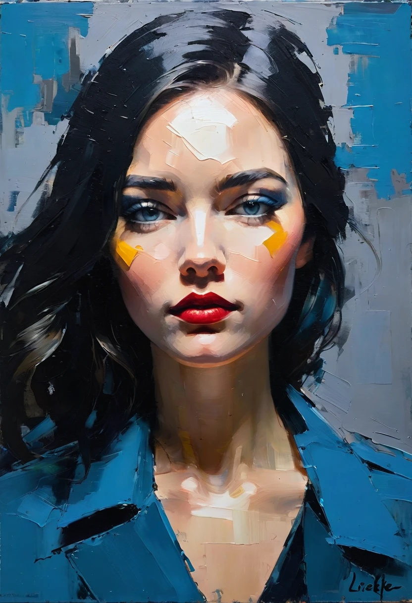 Create a contemporary portrait of a person in the expressive and painterly style of Malcolm Liepke, ((speed painting))+++ portrait of woman, palette knife painting, painted in impressionist style, brushstroke painting technique, large strokes, bright blue, very dark gray, and light grayish blue.