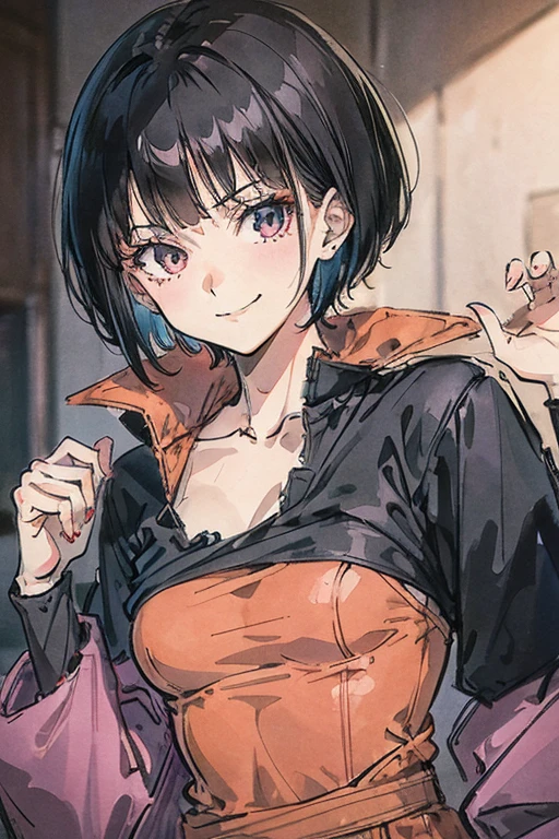 Black hair, short hair with bangs, 80s clothes, one piece style, woman, thin, evil smile.