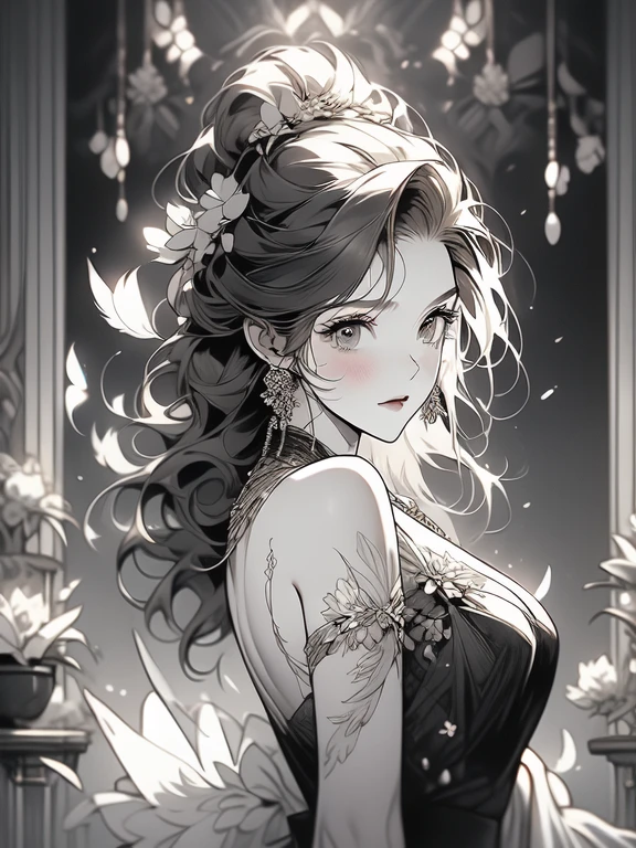 (masterpiece, top quality, best quality, official art, beautiful and aesthetic:1.2), (1girl:1.3), extremely detailed,(fractal art:1.1),(colorful:1.1)(flowers:1.3),highest detailed,(zentangle:1.2), (dynamic pose), (abstract background:1.3), (shiny skin), (many colors:1.4), (feathers:1.5), nsfw:1.5, cyber sttyle girl, 1girl, solo, short hair, in nightclub ,bar, bare shoulders, BREAK, rainbow hair,long hair, breasts out:2,portrait, (from above:1.2), medium breasts, beautiful breasts, monochrome, greyscale, midjourney, dancing pose