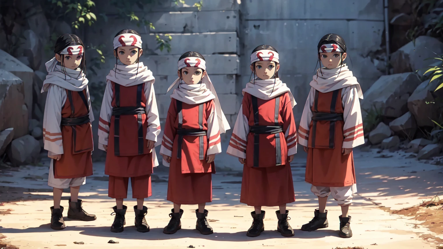 4kids standing group photo 7year old and face extremely detailed clothing expensive cloth cowl bandana on forehead portrait image full body image style side view looking at me