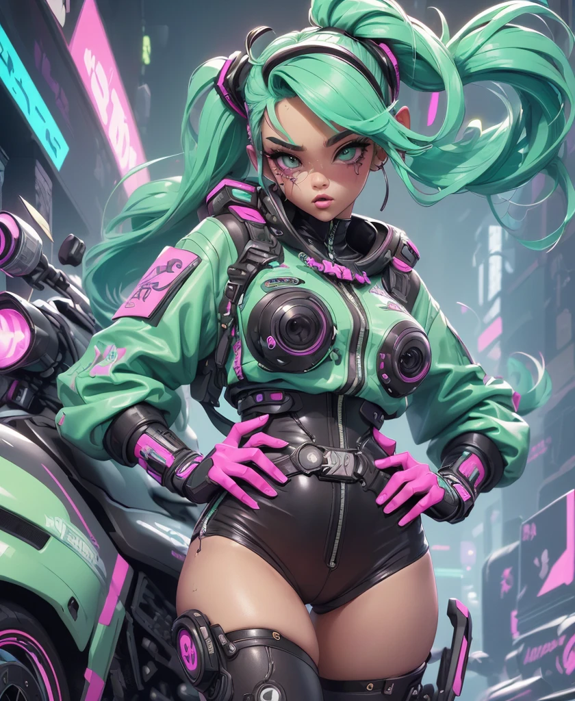 ((mejor calidad, better resolution, retrato premiado, arte oficial)), ((obra maestra perfecta)), ((realista)) and ultra-detailed pcalienteography of a 1nerdy cyberpunk girl with goth and post apocalyptic colors. Ella tiene ((pelo largo color menta)), Lleva un (Harajuku inspired cyberpunk tech top) y un (Harajuku inspired cyberpunk tech clothing bottom:1.2) , ((The most beautiful and sexy aesthetic.)), sexy, super enorme enormemente gigantesco , escote mostrando, caliente, sexy, seductor, cachonda