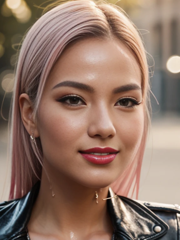 1 girl, Vietnamese model, extremely beautiful, perfect body. Canon RF85mm f/1.2, 8K, lifelike, masterpiece, sharpest and highest contrast, super realistic color images. Her hair is pink, long and smooth, the wind blows it beautifully under the bright sunlight. Beautiful face, perfect and sexy, holy, perfectly proportioned, beautiful in every detail, ((shiny)), high-end cosmetic makeup. Bright smile, pure white teeth and details. Attractive glossy red lips, brilliant glossy red lipstick. Brown eyes, glossy, seductive, ((sharp makeup)), realistic, ((wet eyes)), detailed. Pink eyeshadow, long eyelashes, blush, high-end cosmetics. Two delicate eyelids, perfectly beautiful and detailed, black eyelashes. Eyebrows are curved, sparse, sharp and detailed. High and detailed nose. Cheeks are prominent and detailed. ((Bright white skin)), detailed pores, shiny skin, smooth skin. Long, shiny legs. Hands are beautiful, perfect, ((no flaws)), no defects. Complex light, yellow-black rays, ((illuminates face)), sunlight ((sparkles)), ((illuminates girl's body)).
Wearing sunglasses, red leather jacket and yellow leather gloves, pretending to move sunglasses, standing on modern street.