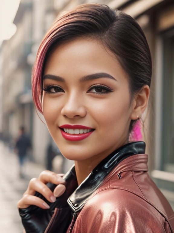 1 girl, Vietnamese model, extremely beautiful, perfect body. Canon RF85mm f/1.2, 8K, lifelike, masterpiece, sharpest and highest contrast, super realistic color images. Her hair is pink, long and smooth, the wind blows it beautifully under the bright sunlight. Beautiful face, perfect and sexy, holy, perfectly proportioned, beautiful in every detail, ((shiny)), high-end cosmetic makeup. Bright smile, pure white teeth and details. Attractive glossy red lips, brilliant glossy red lipstick. Brown eyes, glossy, seductive, ((sharp makeup)), realistic, ((wet eyes)), detailed. Pink eyeshadow, long eyelashes, blush, high-end cosmetics. Two delicate eyelids, perfectly beautiful and detailed, black eyelashes. Eyebrows are curved, sparse, sharp and detailed. High and detailed nose. Cheeks are prominent and detailed. ((Bright white skin)), detailed pores, shiny skin, smooth skin. Long, shiny legs. Hands are beautiful, perfect, ((no flaws)), no defects. Complex light, yellow-black rays, ((illuminates face)), sunlight ((sparkles)), ((illuminates girl's body)).
Wearing sunglasses, red leather jacket and yellow leather gloves, pretending to move sunglasses, standing on modern street.