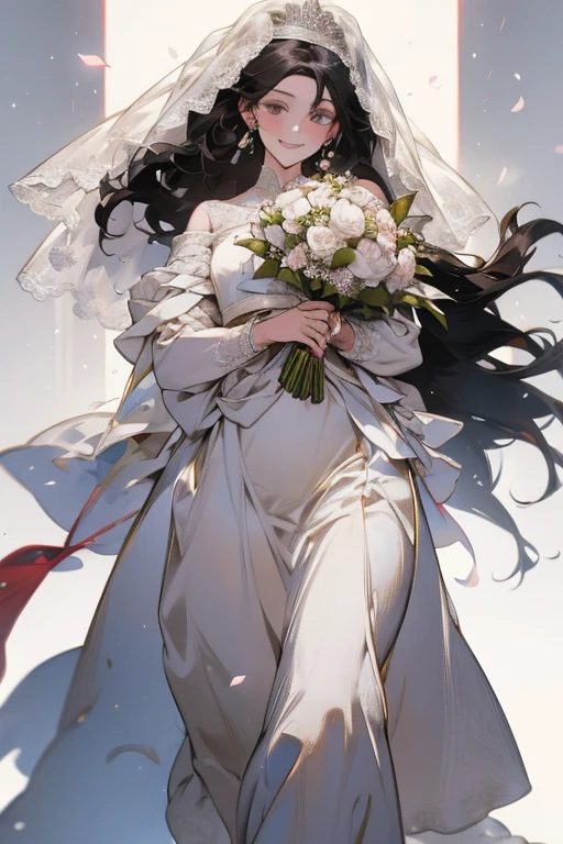 Wedding scene，The bride in a white wedding dress is walking towards me with a bouquet of flowers，Smiling slightly，Perfect face，Black Hair，Perfect face，Full body portrait