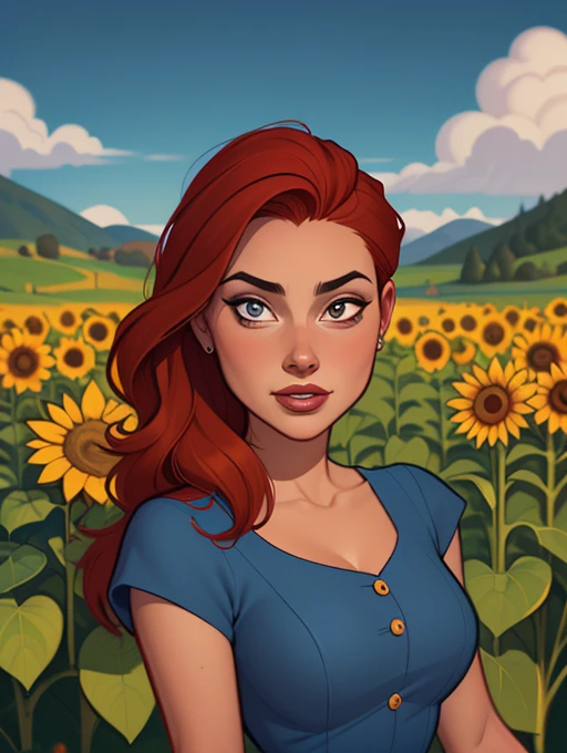 a woman with red hair and a blue dress standing in a field of sunflowers, Abigail de Stardew Valley, linda pintura de personagem, beautiful digital illustration, estilo de arte da Disney, 🤤 retrato de , arte digital detalhada fofa, no art style by bowater, arte de personagem impressionante, estilo de arte de fantasia, epic portrait illustration, pintura realista de linda garota, stunning digital illustration