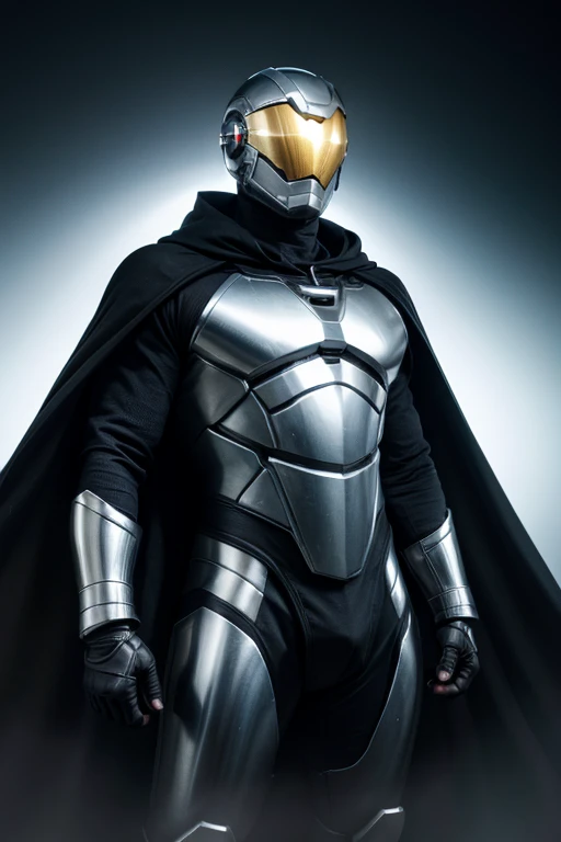 highres:1.2), ultra-detailed, realistic, superhero man, godly metal dark silver armor with bits of black, black cape, black gloves, black stripes on both sides of arms with dark silver, no logo on armor, wears a fully black astronaut helmet with golden visor, superhero base, cinematic lighting, dramatic shadows, volumetric lighting, epic fantasy, hyper detailed, majestic, awe-inspiring, heroic, powerful pose