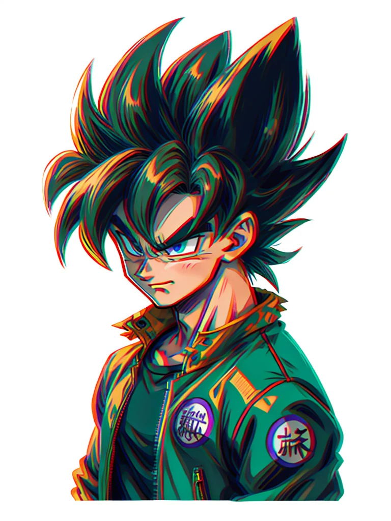 1man, solo, (masterpiece), best quality, ultra-detailed, Son Goku from Dragon Ball Z, super saiyan hair, Retro style, full body. fashion cloth, purple jean jacket, fancy, portrait, upper body, face detail, eyes detail: 1.3, simple background, green eyes, orange shirt, white background.
