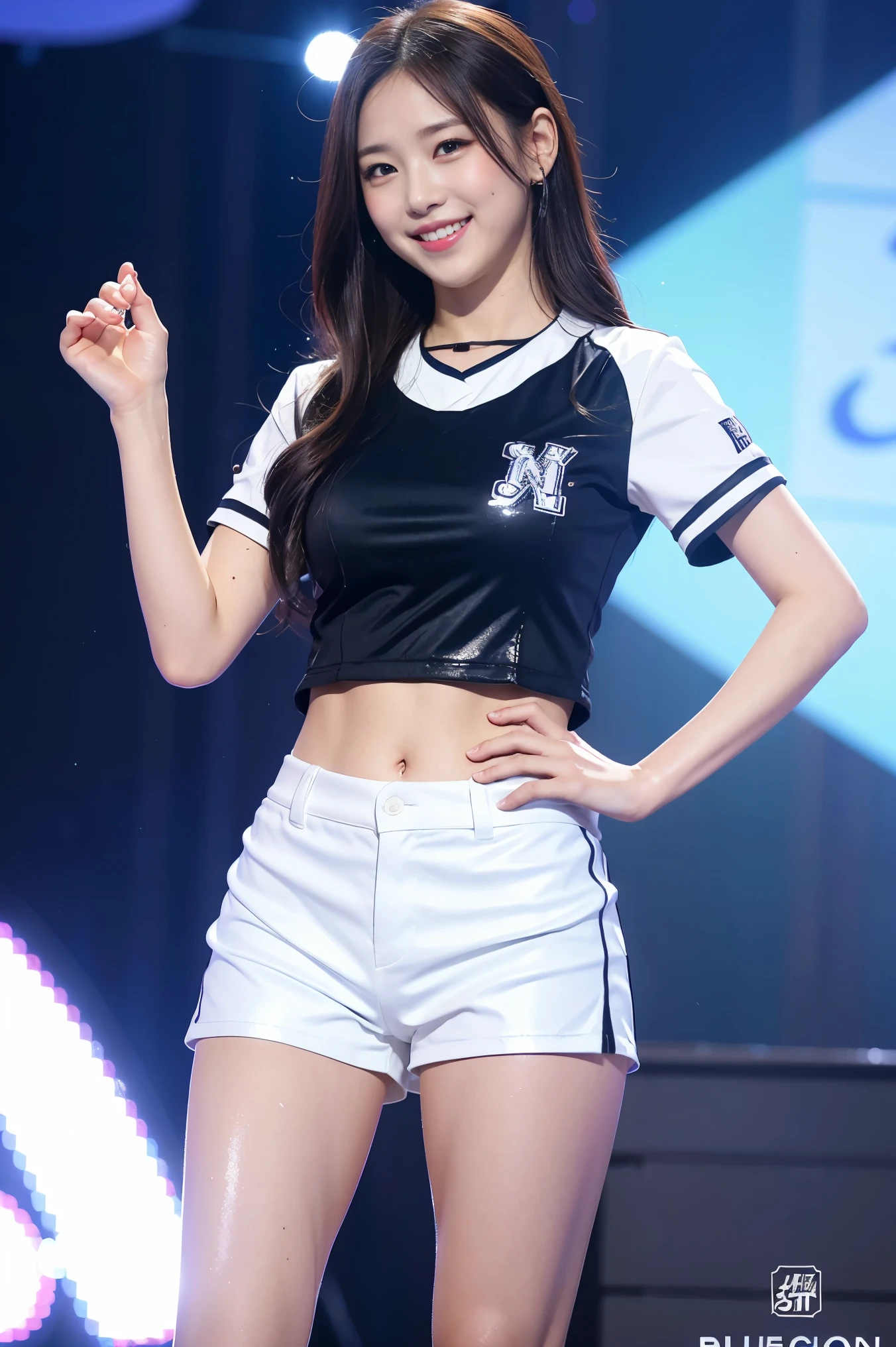 (8k), (highest quality: 1.2), (Realistic), (Realistic: 1.37), Ultra-high resolution, 1 girl, cute, (Embarrassed smile:1.2), (Blushing:1.4),Mouth closed, Beautiful details, Beautiful Nose, black straight Hair, Giant Dulcefo, pork, Thighs,Navel exposed,(fubon angels), (white baseball uniforms),(white tiny hot pants:1.2),Platform boots,Dancing on the stage,(Shiny Thighs:1.4),Medium Shot