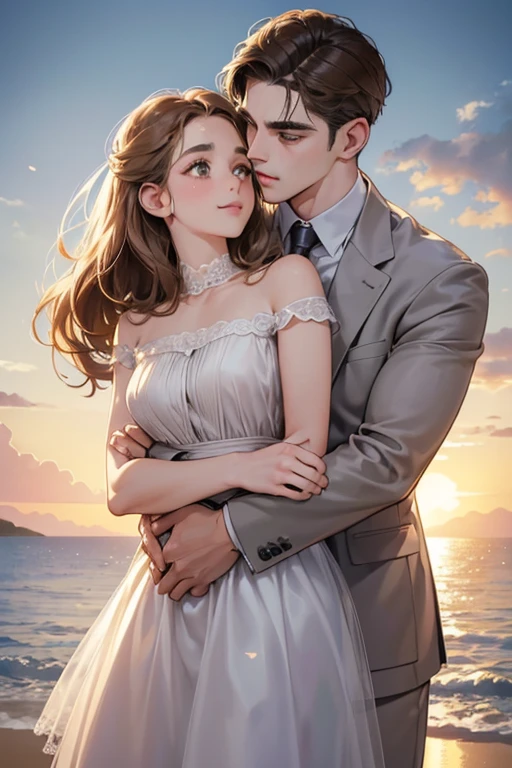 (table top, digital art, digital illustration, 4k, 8k, super detailed, beautiful images, clear image, realistic, RAW photo, perfect face, perfect lines, perfect eyes, soft lighting) 1 female, (light brown hair,chignon hair,innocent look,droopy eyebrows,droopy eyes,With a round face,round chin、innocence,cute,Big eyes,natural makeup,smile gently,E cup,23 years old:1.3),Two handsome men in suits, (human,man wearing a suit,muscular,solid shoulder width,adult male,boyish hairstyle,A man in his 30s with a cool expression,28 year old man with a bright smile:1.2),coastal、beach wedding,(embarrassing,shy smile,bouquet:1.2),Sea side、kiss、Couple kiss、romance porn、couple looking at each other、couple hugging each other