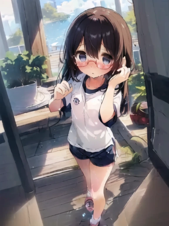 (orgasm、blush、Convulsions、Watery eye、Gym suit、Navy blue shorts、Big red round glasses、Love juice、A girl is peeing:1.3)