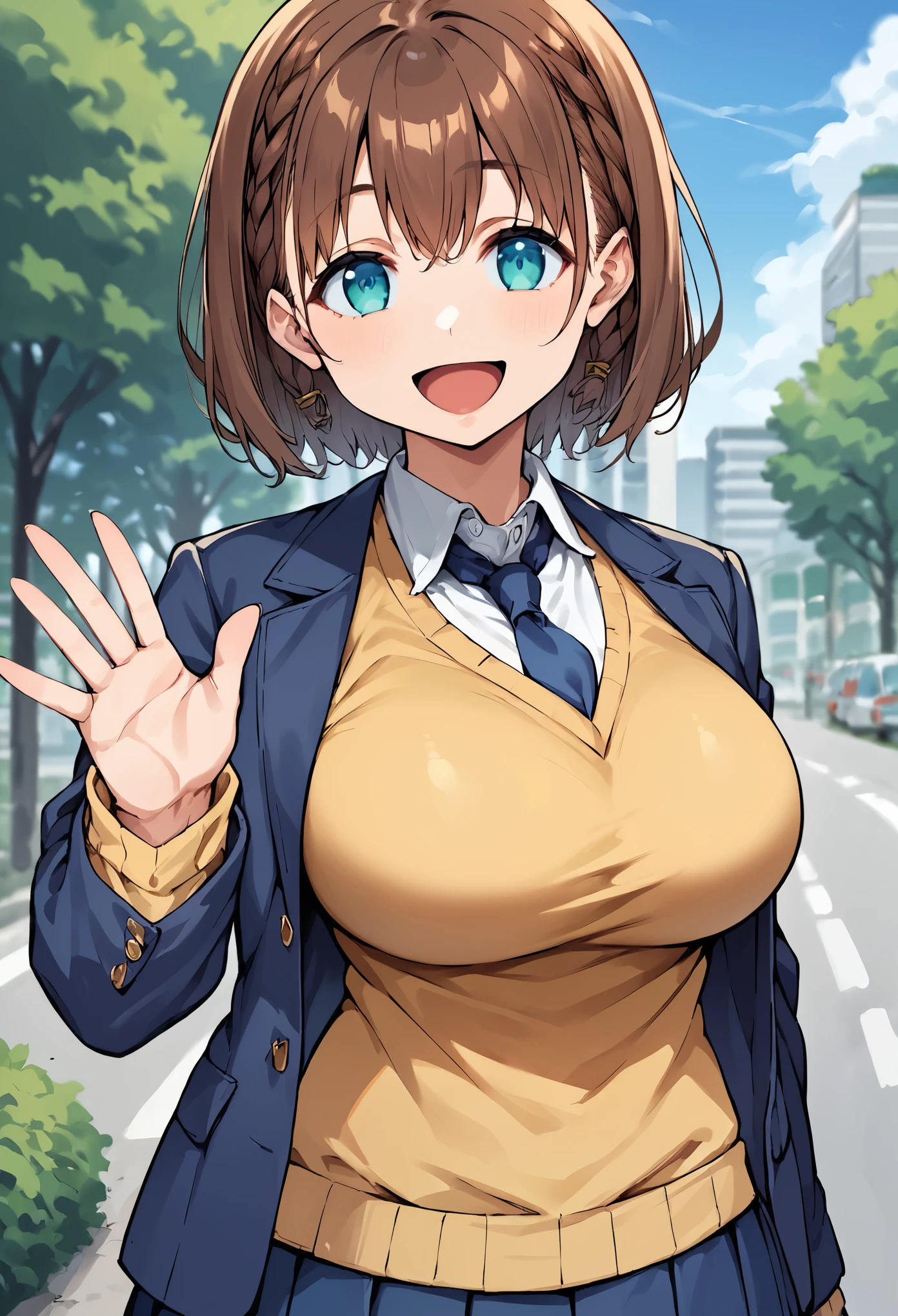 score_9, score_8_up, score_7_up, score_6_up, source_anime, BREAK 1girl, solo, aichan, brown hair, cyan eyes, braid, blue blazer, yellow sweater vest, blue necktie, blue skirt, pleated skirt, large breasts, looking at you, happy, blue sky, tree, city, waving