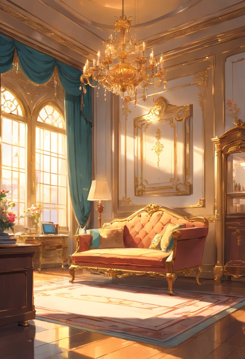 And now I felt a gentle push at the small of my back, and a tug at my hand, as if the room itself was inviting me in. “No--my shoes--” I began, but the push and the tug became firmer and I found myself stepping awkwardly across the threshold, onto the embroidered crimson velvet. The furniture was as grand as the room itself, carved and gilded and polished until it glowed in the sunlight streaming in the windows. There was an enormous bed on a dais, canopied in gold with a sheer white counterpane; the largest dressing-table I could imagine, covered with brushes and combs and cut-glass bottles of perfume and cosmetics; a writing-desk so elegant I could hardly imagine sitting at it; and rich golden velvet sofas and chairs scattered throughout the room, so that I could sit nearly anywhere if the mood suddenly struck me. I took another step into the room, my eyes wandering from the gorgeous walls to the magnificent furniture to the lofty ceiling hung with crystal chandeliers--the room was so large it needed five of them.