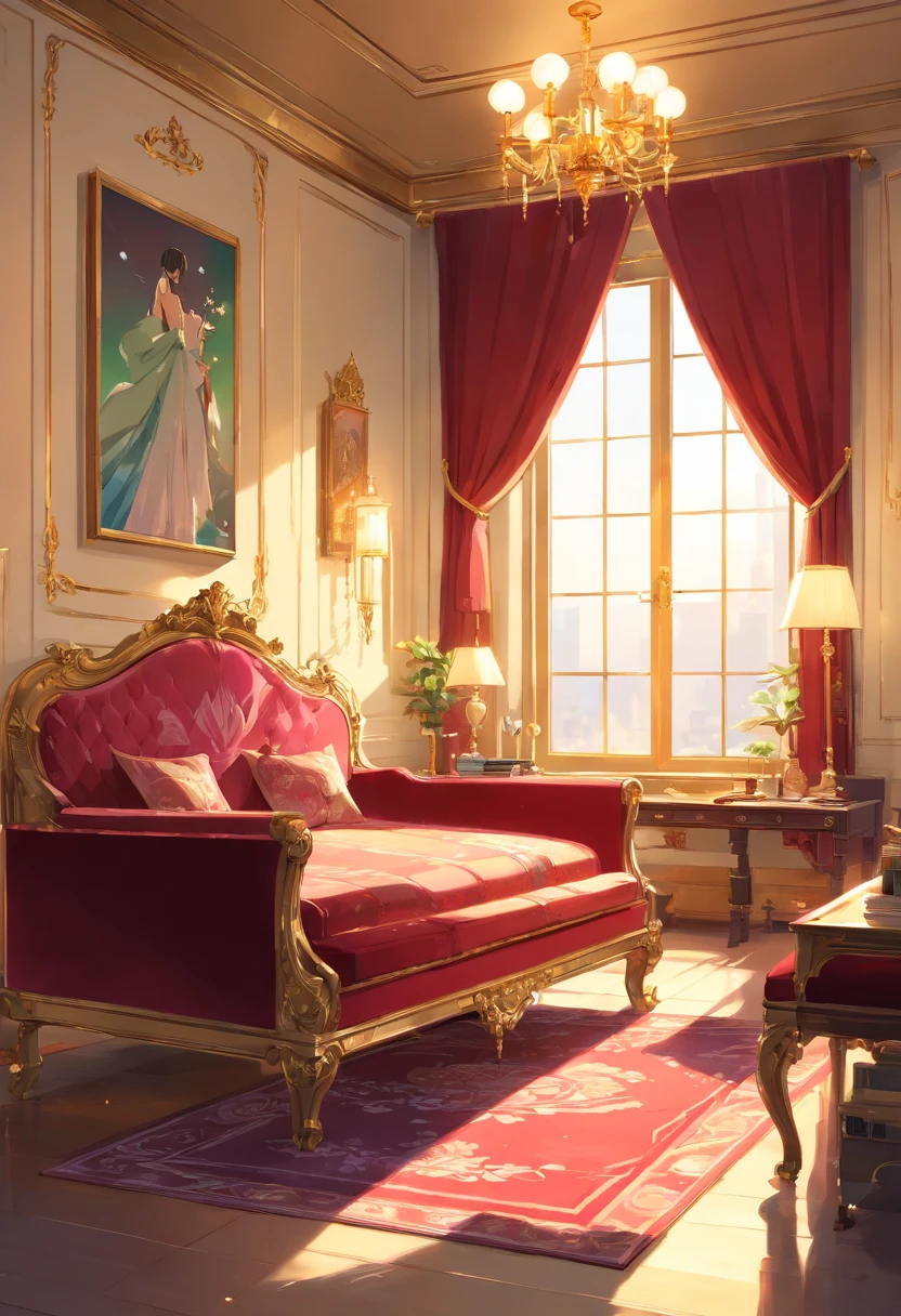 And now I felt a gentle push at the small of my back, and a tug at my hand, as if the room itself was inviting me in. “No--my shoes--” I began, but the push and the tug became firmer and I found myself stepping awkwardly across the threshold, onto the embroidered crimson velvet. The furniture was as grand as the room itself, carved and gilded and polished until it glowed in the sunlight streaming in the windows. There was an enormous bed on a dais, canopied in gold with a sheer white counterpane; the largest dressing-table I could imagine, covered with brushes and combs and cut-glass bottles of perfume and cosmetics; a writing-desk so elegant I could hardly imagine sitting at it; and rich golden velvet sofas and chairs scattered throughout the room, so that I could sit nearly anywhere if the mood suddenly struck me. I took another step into the room, my eyes wandering from the gorgeous walls to the magnificent furniture to the lofty ceiling hung with crystal chandeliers--the room was so large it needed five of them.