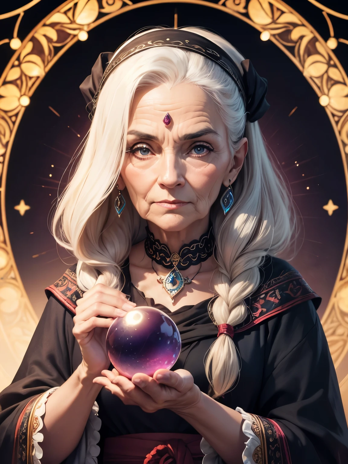Fortune teller old woman,Holding a crystal ball in both hands,Fortune telling Stare straight ahead,Mystical fortune teller Colorful stained glass background