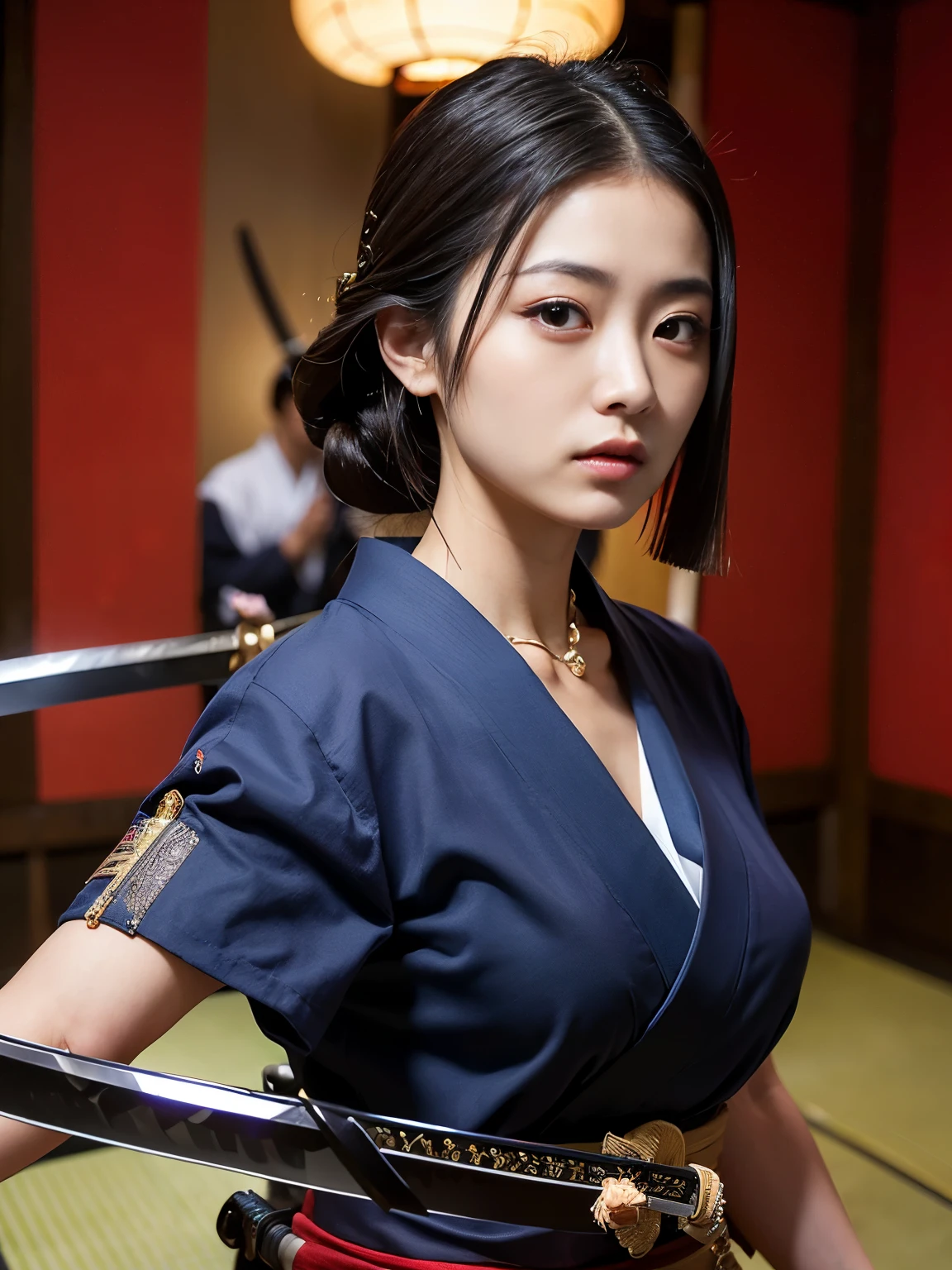(Best-quality, Masterpiece, Ultra-High-Resolution, (Photorealistic:1.4), Raw Photo, depth of field, professional lighting, perfect anatomy, extremely details), 1woman, Japanese Mafia, wearing black Japanese-KIMONO with gorgeous-design, holding Japanese-large-sword, (extremely beautiful face, ((extremely beautiful and extremely big eyes)), extremely beautiful hair, extremely beautiful skins), extremely beautiful long-eyelashes, extremely beautiful lips, ((detailed Japanese-Mafia, detailed Japanese-large-sword):1.5)