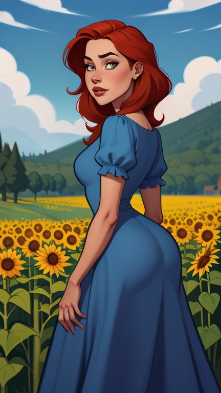 a woman with red hair and a blue dress standing in a field of sunflowers, Abigail de Stardew Valley, linda pintura de personagem, beautiful digital illustration, estilo de arte da Disney, 🤤 retrato de , arte digital detalhada fofa, no art style by bowater, arte de personagem impressionante, estilo de arte de fantasia, epic portrait illustration, pintura realista de linda garota, stunning digital illustration